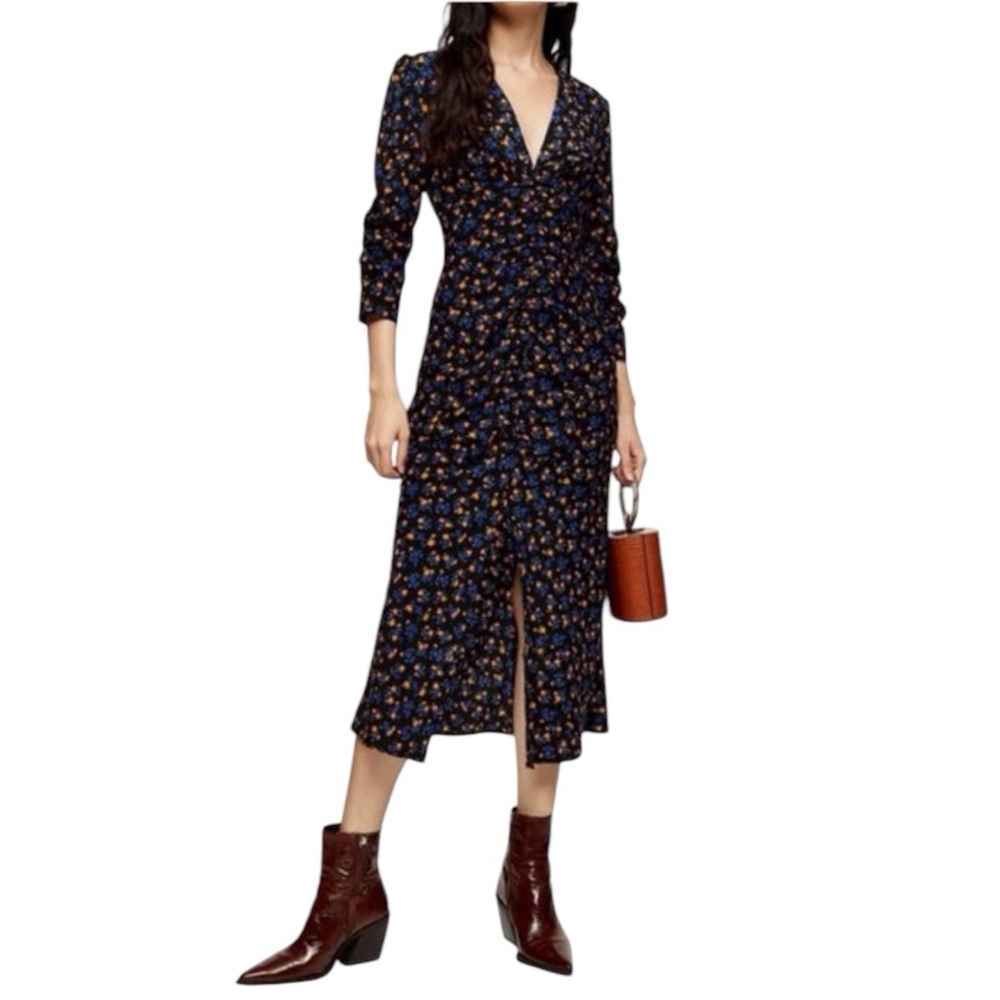Topshop Navy Floral Midi Dress